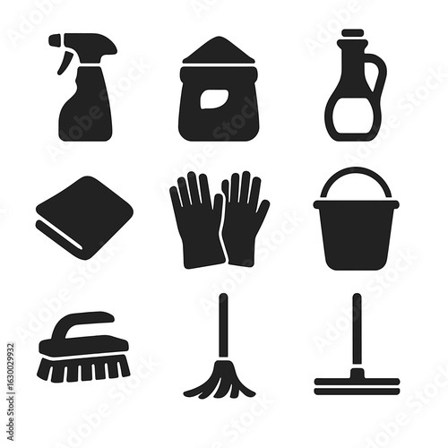 Eco Cleaning Icons. Solid, filled icons set of Eco-friendly cleaning hacks: spray bottle, baking soda, vinegar