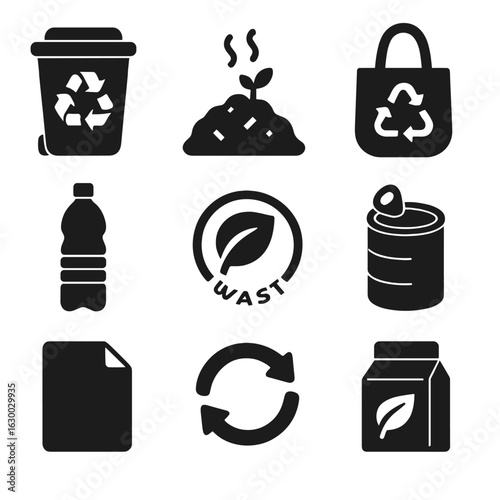 Eco Icon Collection. Solid, filled icons set of waste reduction and recycling: recycling bin, compost pile,