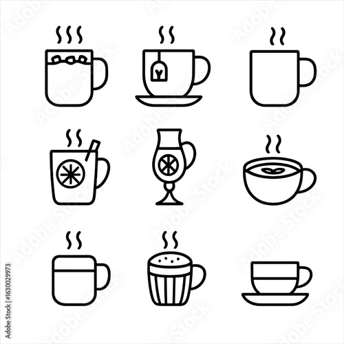 Warm Beverage Icons. Outline icon set of warm beverages: hot chocolate, herbal tea, coffee mug, spiced cider, mulled wine, matcha