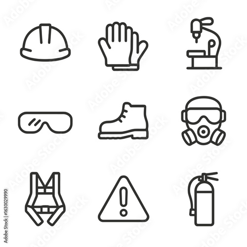 Manufacturing Safety Icons. Outline icon set of manufacturing machinery: robotic arm, assembly line, lathe machine, drill press,