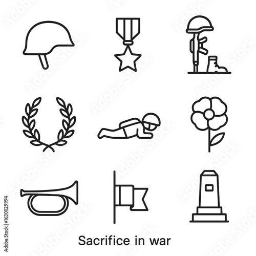 War Sacrifice Icons. Outline icon set of sacrifice in war: soldier helmet, medal, battlefield cross, fallen soldier, laurel wreath