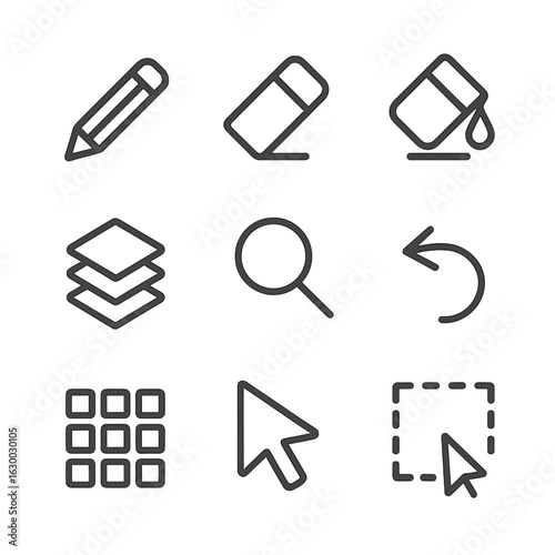 Map Editing Icons. Outline icon set of map editing tools: pencil, eraser, paint bucket, layers panel, zoom, undo, redo, grid,