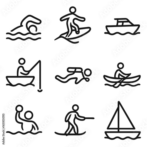Water Activities Icons. Outline icon set of water activities: swimming, surfing, boating, fishing, diving, kayaking, water polo,