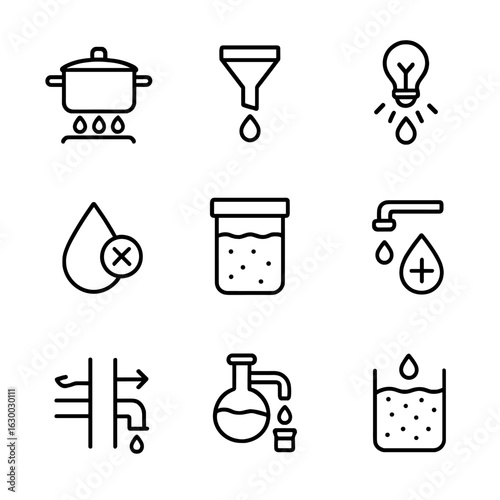 Water Purification Icons. Outline icon set of water purification methods: boiling, filtering, UV treatment, chemical treatment,