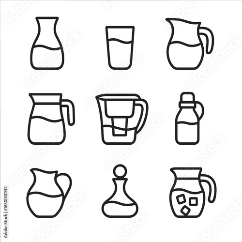 Water Service Icons. Outline icon set of water service: water carafe, drinking glass, glass pitcher, refill jug, filtered carafe,