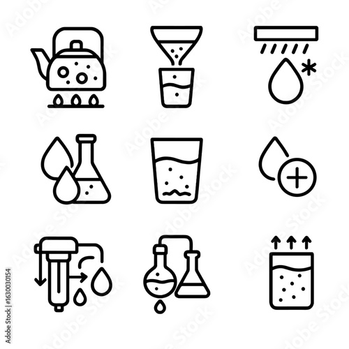 Water Purification Icons. Outline icon set of water purification methods: boiling, filtering, UV treatment, chemical treatment,