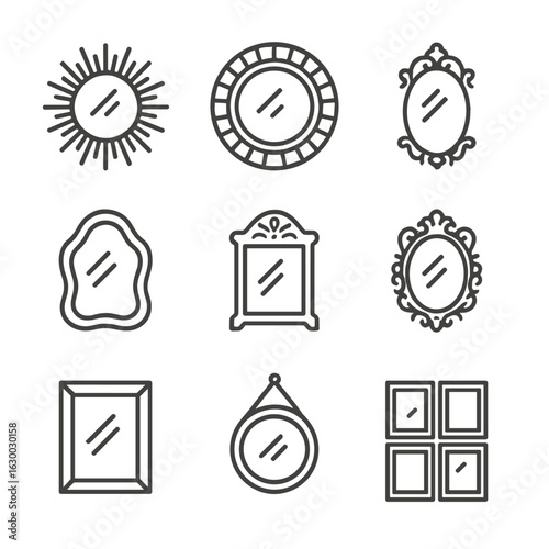 Decorative Mirrors Icon Set. Outline icon set of decorative mirrors: sunburst mirror, mosaic mirror, vintage ornate mirror,