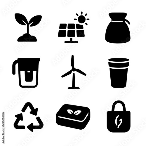 Eco Icons Grid. Solid, filled icons set of minimalist sustainable lifestyle: seedling sprout, solar battery,