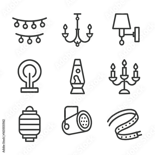 Decorative Lighting Icons. Outline icon set of decorative illumination: fairy lights, chandeliers, wall sconce, neon sign, lava