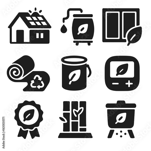 Eco Home Renovation Icons. Solid, filled icons set of eco-friendly home renovations: solar panel roof,