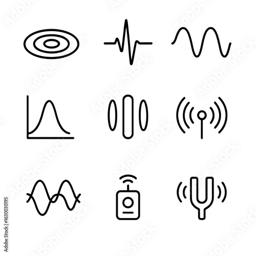 Wave Resonance Icons. Outline icon set of wave resonance: ripples in water, sound pulse, oscillation, resonance curve, harmonic