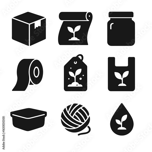 Eco Packaging Icons. Solid, filled icons set of eco packaging concepts: cardboard box, biodegradable wrap,