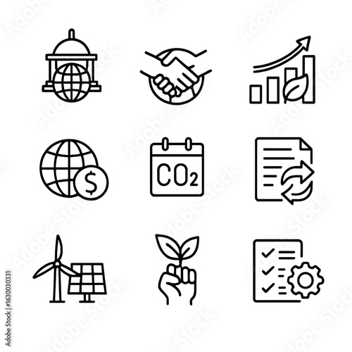 Climate Policy Icons. Outline icon set of climate policy: government, international treaty, sustainability goals, climate finance,