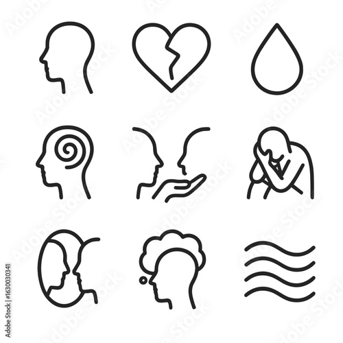 Deep Emotion Icons. Outline icon set of deep emotions: introspection silhouette, sorrow heart, tear drop, mind swirl, empathy hand