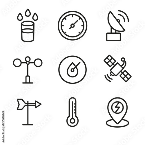 Weather Instruments Icons. Outline icon set of deluge meteorological instruments: rain gauge, barometer, weather radar, anemometer