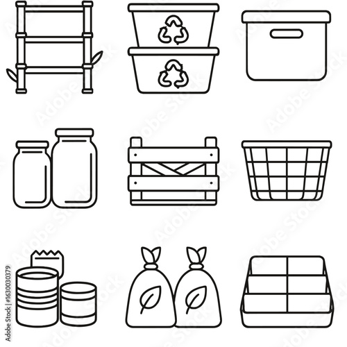 Eco Storage Icon Set. Outline icon set of eco-friendly storage options: bamboo shelves, recycled plastic bins,