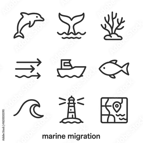 Marine Icons Grid. Outline icon set of marine migration: dolphin, whale tail, coral reef, ocean current, boat, fish, wave,