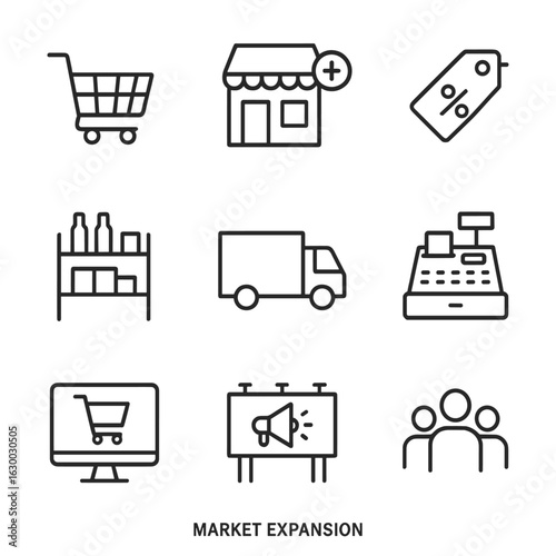 Market Expansion Icons. Outline icon set of market expansion: shopping cart, new store, discount tag, product shelf, delivery