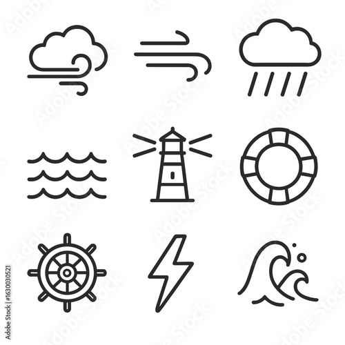 Maritime Weather Icons. Outline icon set of maritime weather: storm cloud, gale wind, heavy rain, rough sea, lighthouse beacon,