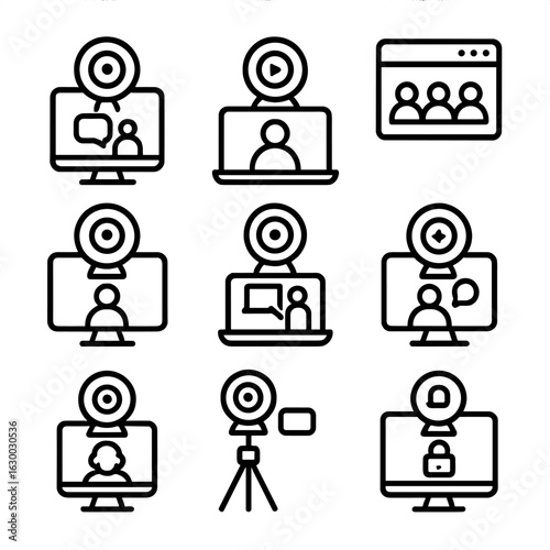 Webcam Uses Icons. Outline icon set of webcam uses: video call, live streaming, online meeting, virtual classroom, telehealth