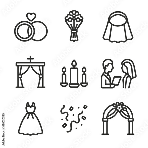Wedding Ritual Icons. Outline icon set of wedding rituals: rings, bouquet, veil, altar, unity candle, exchanging vows, wedding