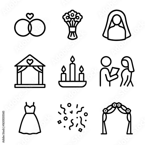 Wedding Ritual Icons. Outline icon set of wedding rituals: rings, bouquet, veil, altar, unity candle, exchanging vows, wedding