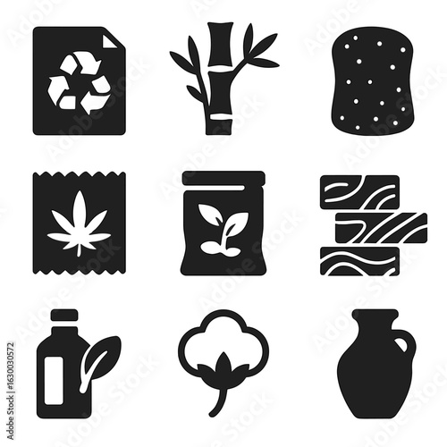 Eco-Friendly Icon Set. Solid, filled icons set of inspirational design with ecology materials trend: recycled