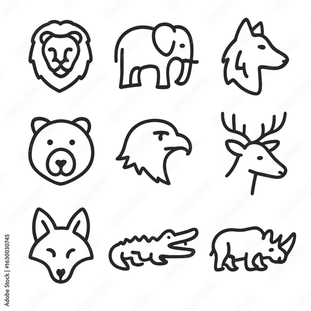 Fototapeta premium Wild Animals Icon Set. Outline icon set of wild animals: lion, elephant, wolf, bear, eagle, deer, fox, crocodile, rhinoceros. Line
