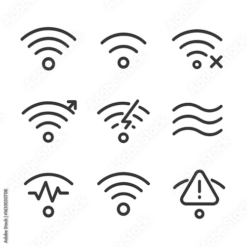 Wi-Fi Signal Icons. Outline icon set of Wi-Fi signals: full bars, weak signal, no signal, signal boost, signal interference,