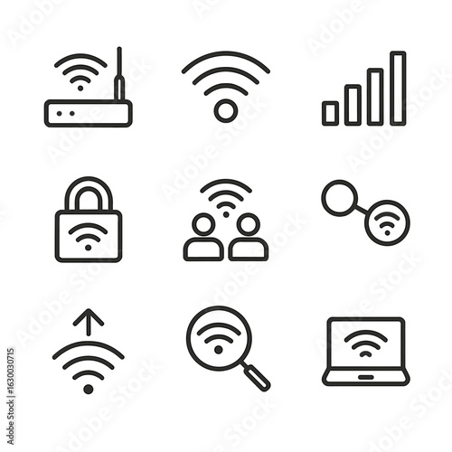 Wi-Fi Icon Set. Outline icon set of Wi-Fi connectivity: access point, SSID broadcast, signal strength bars, WPA lock, guest