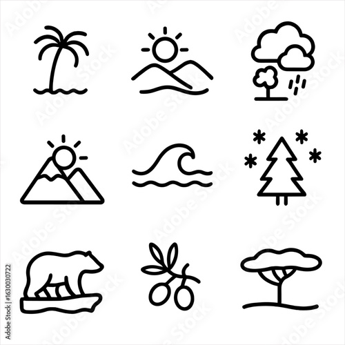 Climate Zone Icons. Outline icon set of climate zones: tropical, desert, temperate, arctic, oceanic, subarctic, polar,