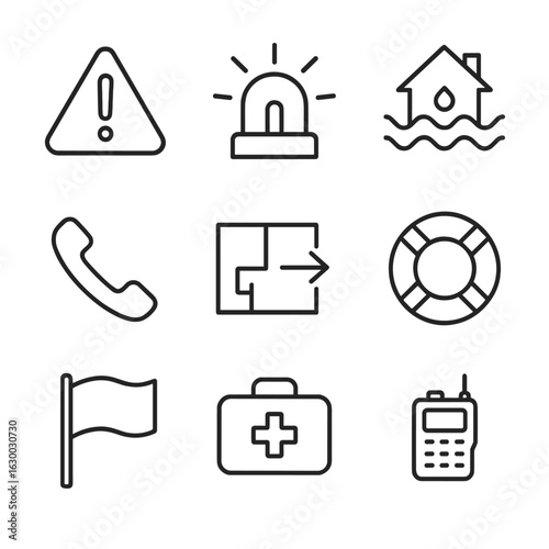 Deluge Emergency Icons. Outline icon set of deluge emergency signals: warning sign, siren, flood alert, emergency phone,