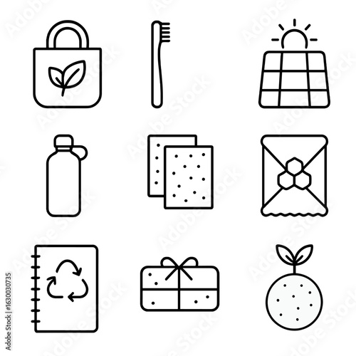 Eco-Friendly Gift Icons. Outline icon set of eco-friendly gifts: reusable bag, bamboo toothbrush, solar