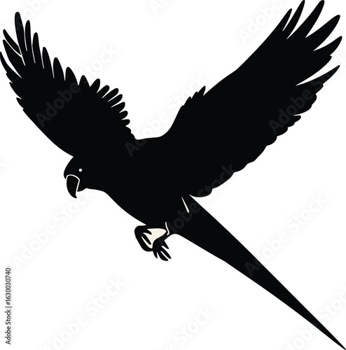 Vector art of a captivating silhouette of a parrot in mid flight showcasing its magnificent wings and graceful form against a neutral backdrop