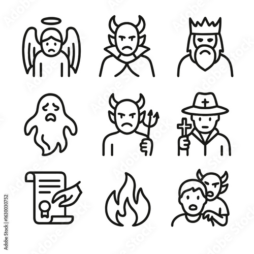 Demon Mythology Icons. Outline icon set of demon mythology: fallen angel, demon lord, underworld king, cursed soul, infernal