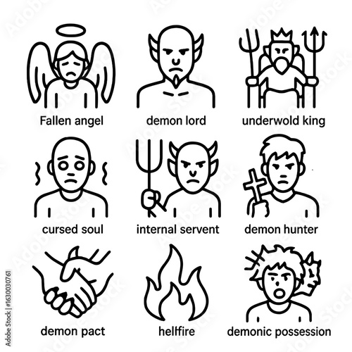 Demon Mythology Icons. Outline icon set of demon mythology: fallen angel, demon lord, underworld king, cursed soul, infernal