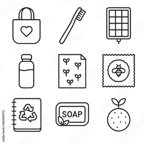 Eco-Friendly Gift Icons. Outline icon set of eco-friendly gifts: reusable bag, bamboo toothbrush, solar