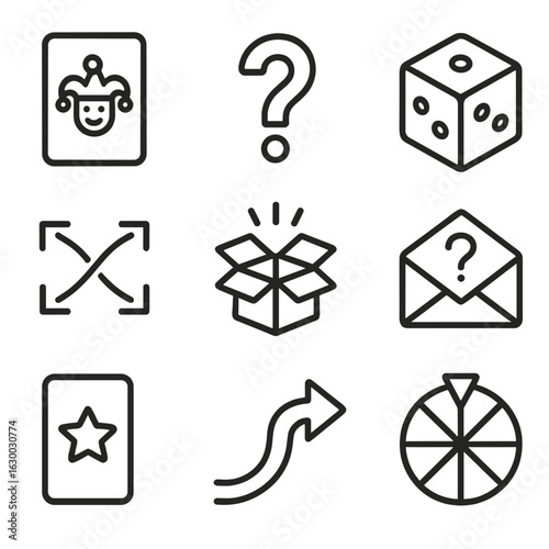 Wild Card Icons. Outline icon set of wild card concepts: joker card, question mark, dice, shuffle, surprise box, mystery envelope,