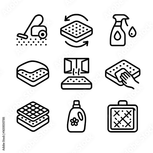 Mattress Care Icons. Outline icon set of mattress care: vacuum cleaning, rotating mattress, stain remover, mattress protector,