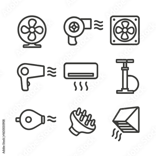 Wind Tools Icons. Outline icon set of wind tools and devices: fan, blower, ventilator, hair dryer, air conditioner, pump, bellows,