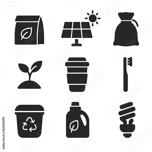 Eco-Friendly Icons Grid. Solid, filled icons set of eco-friendly minimalist items: biodegradable packaging,