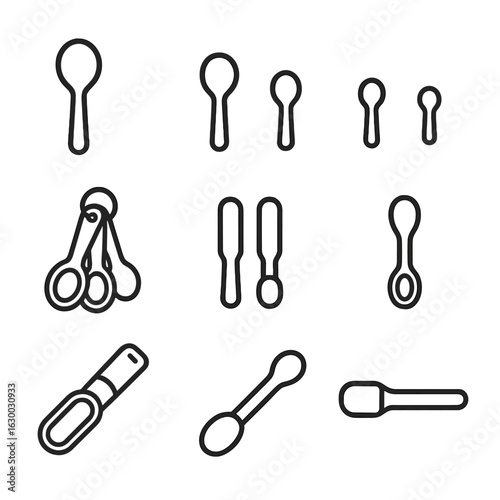 Measuring Spoons Icons. Outline icon set of measuring spoons: 1 tablespoon, 1 teaspoon, 1/2 teaspoon, 1/4 teaspoon, 1/8 teaspoon,