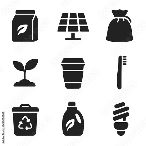 Eco-Friendly Icons Grid. Solid, filled icons set of eco-friendly minimalist items: biodegradable packaging,