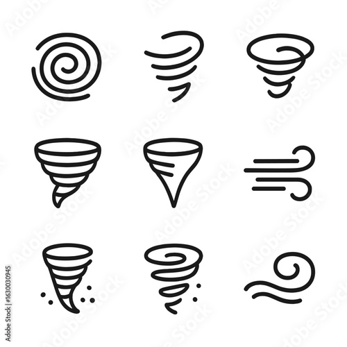 Wind Icon Set. Outline icon set of swirling wind: vortex, whirlwind, cyclone, tornado, funnel cloud, gust, dust devil, debris