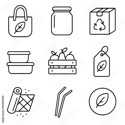 Eco-Friendly Icons Grid. Outline icon set of eco-friendly shopping: cloth bags, glass jars, recycled packaging