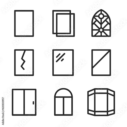 Window Glass Icons. Outline icon set of window glass types: single pane, double pane, stained glass, broken glass, frosted glass,