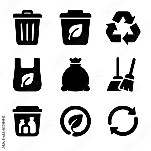 Eco-Friendly Icons Grid. Solid, filled icons set of lint disposal and recycling: trash bin, compost bin,