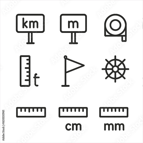 Measuring Units Icons. Outline icon set of measuring units: kilometers, miles, meters, feet, yards, nautical miles, inches,