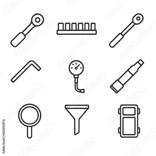 Mechanic Tool Icons. Outline icon set of mechanic’s tool bag contents: ratchet, socket set, torque wrench, hex key, tire gauge,