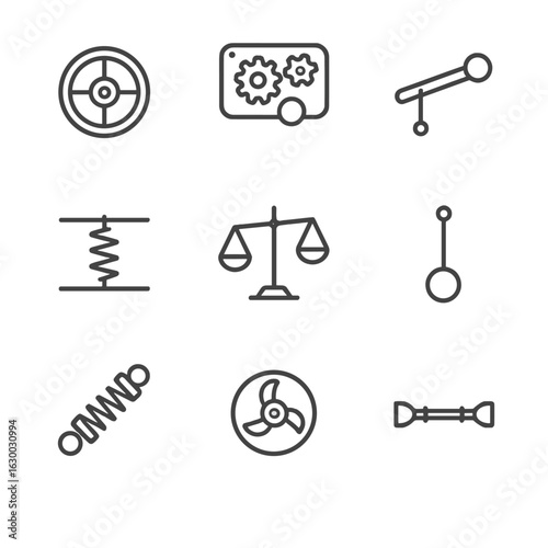 Mechanical Icon Set. Outline icon set of inertia in mechanical systems: flywheel, gearbox, lever arm, balance scale, spring